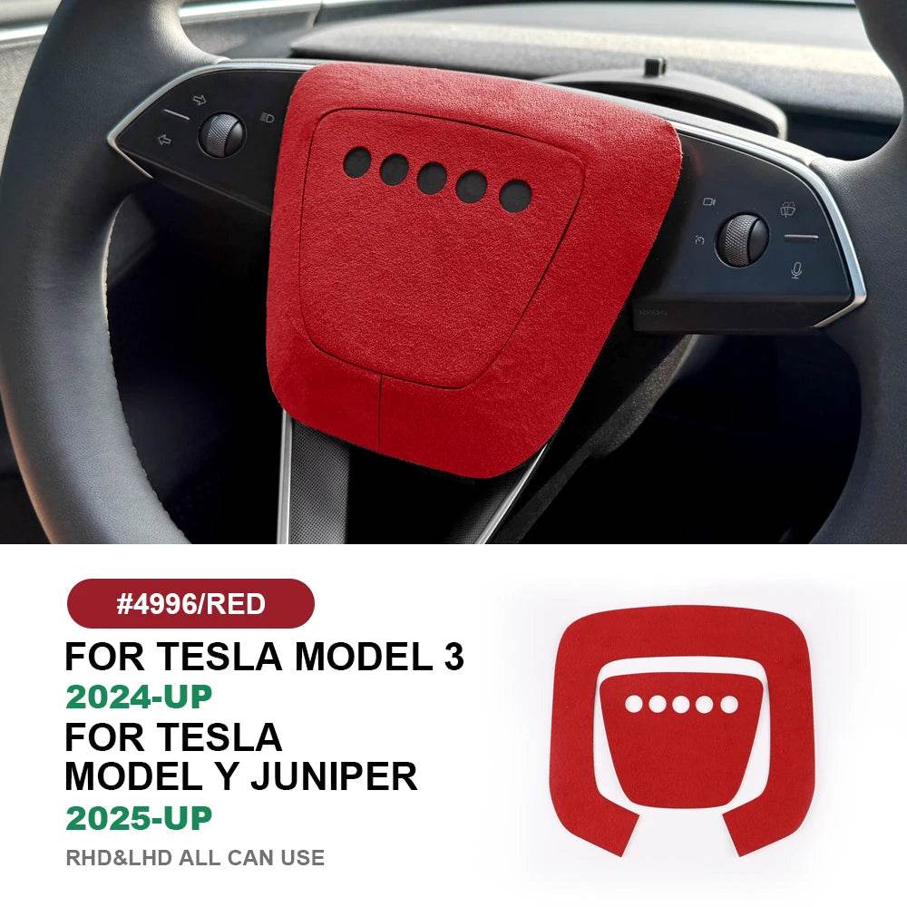Tesla Model Y Steering Wheel Trim | Italian Suede Panel Stickers (2025+) - Red Steering Wheel