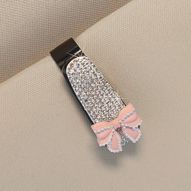 Rhinestone Bowknot Car Sunglasses Holder Visor Mount Clip