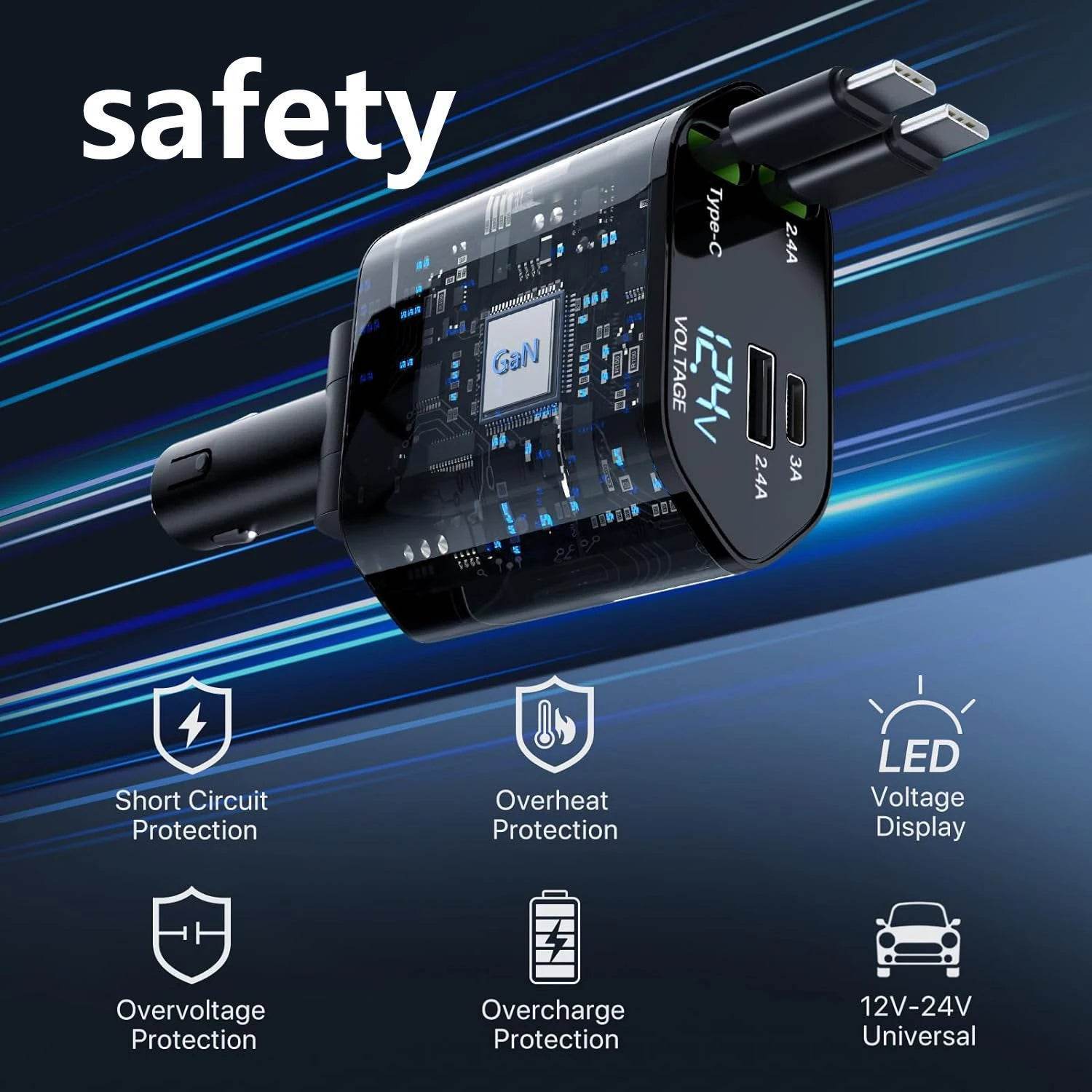 120W Fast Car Charger 4-in-1 with Retractable Cable, Dual USB & Dual Type-C -