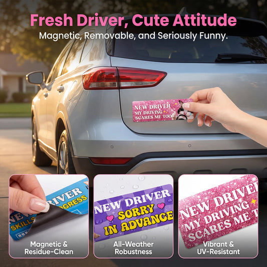 Cat New Driver Magnet Set 5Pcs – Waterproof UV-Resistant Car Decals
