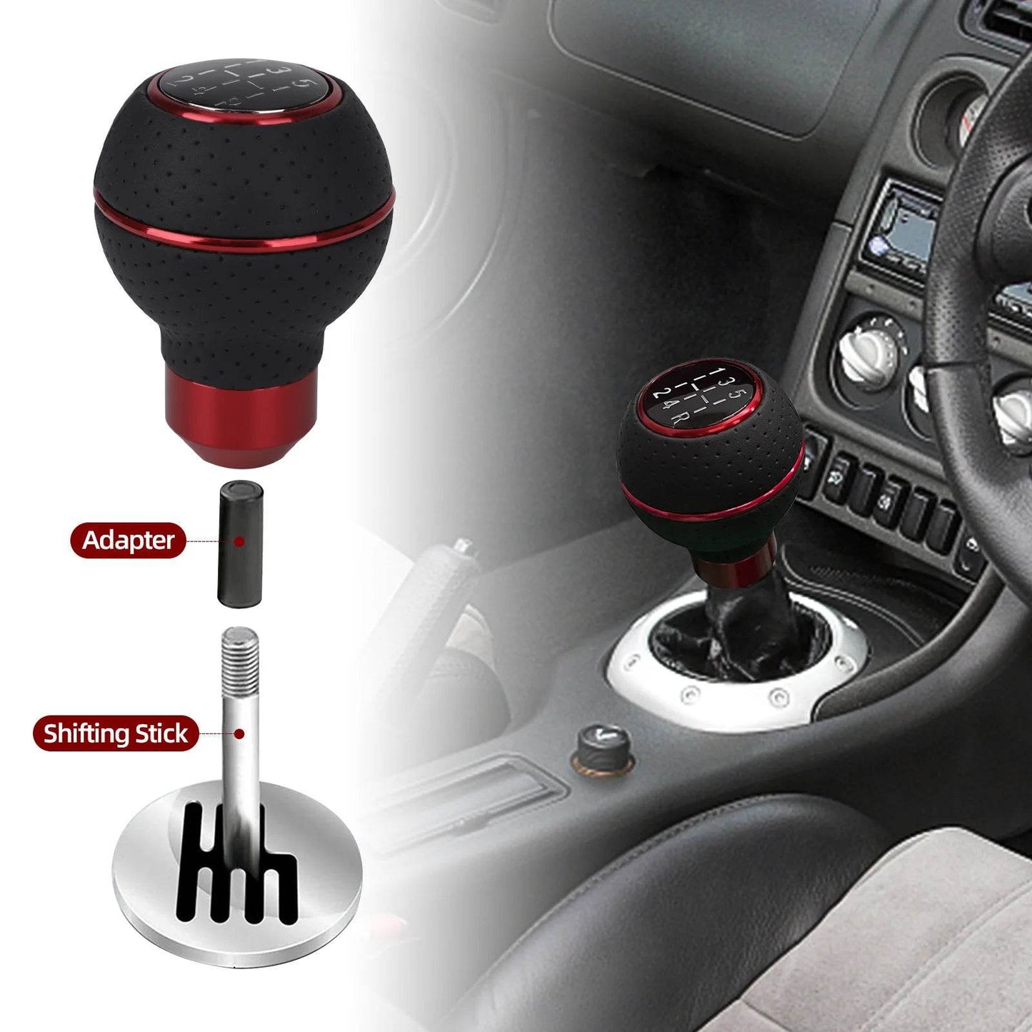 Universal 5-Speed Gear Shift Knob | Leather & Aluminium | M8–M12 Compatible -