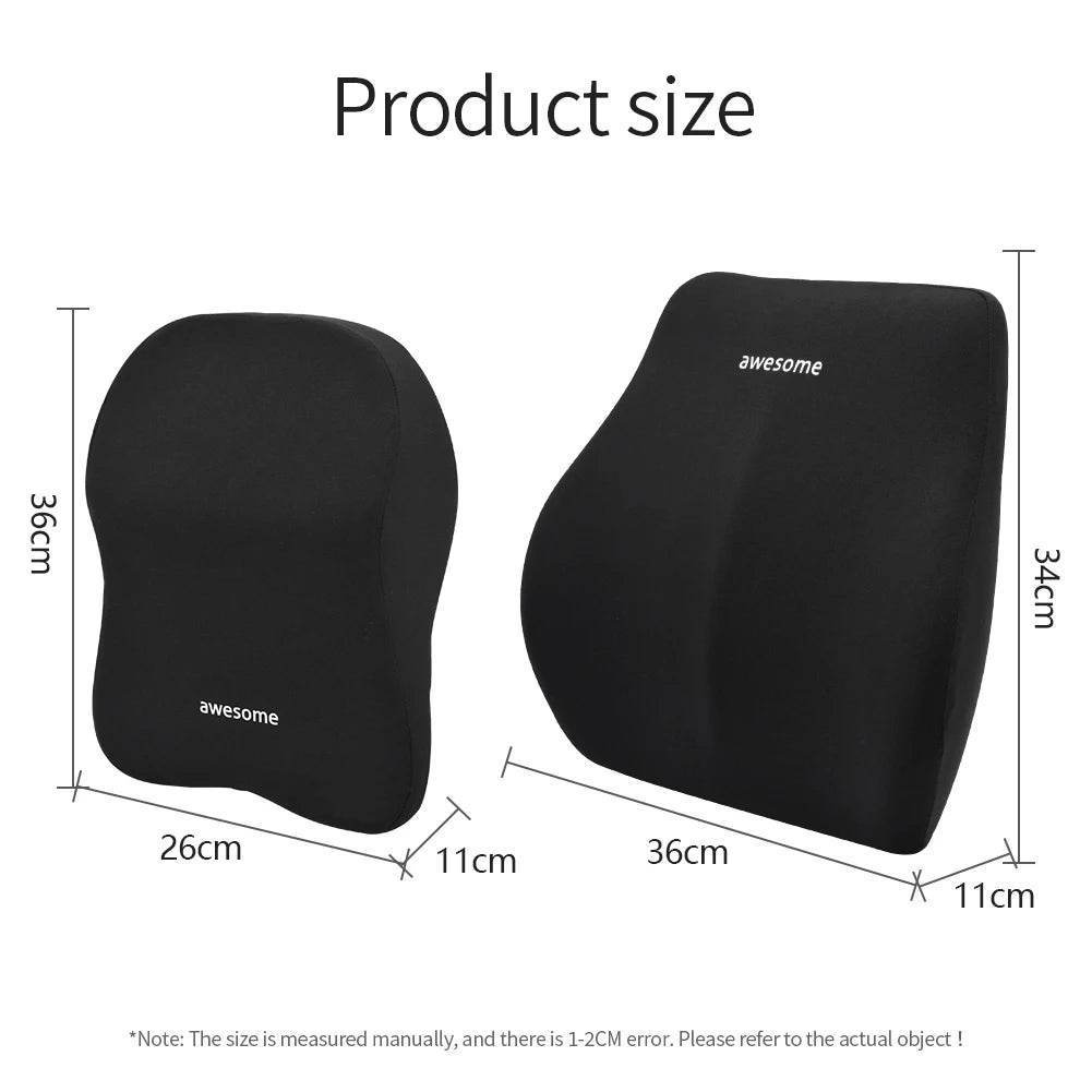 Ergonomic Car Lumbar & Neck Support Pillow Set – Memory Foam Cushion for Back & Headrest - Black Set