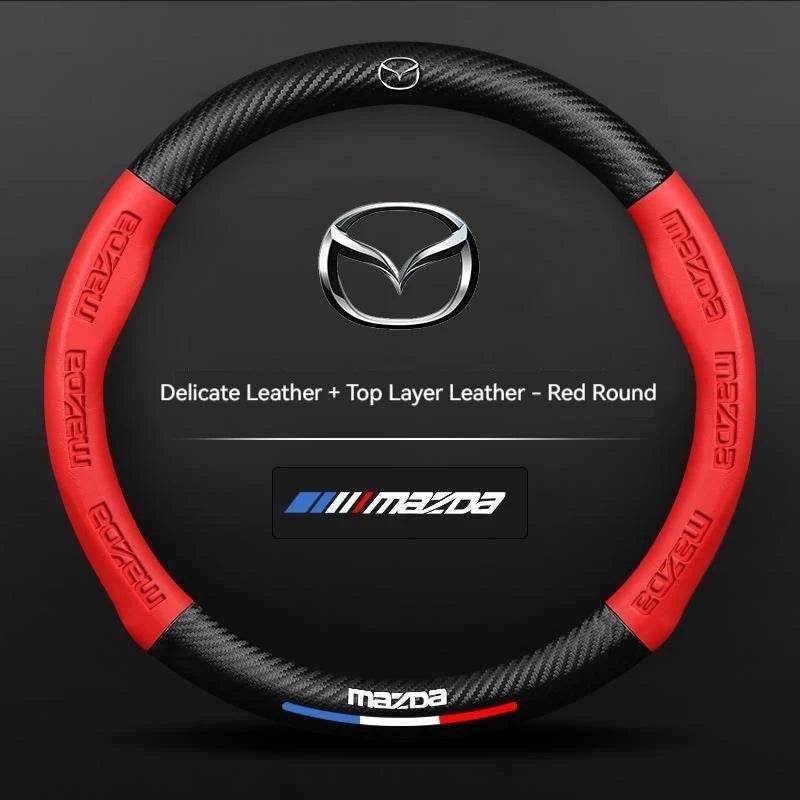 Mazda Carbon Fiber Leather Steering Wheel Cover – Fits 3, 5, 6, CX-5, CX-30, MX-5, RX-8, BT-50 - Carbon fiber