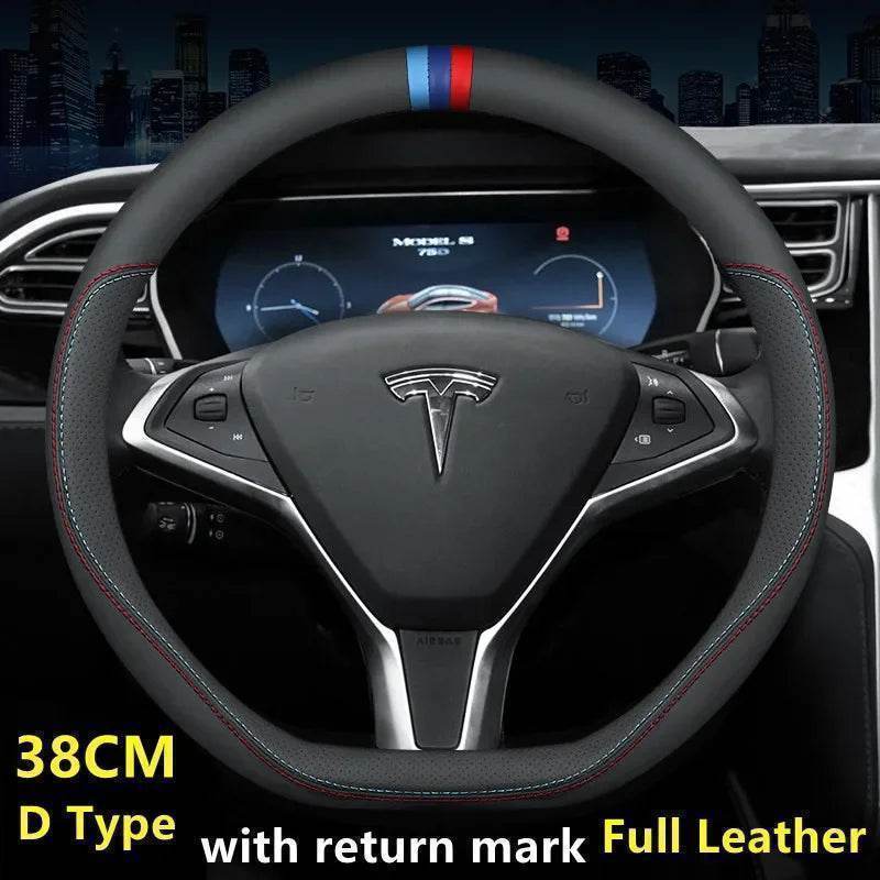 Tesla Premium Leather Steering Wheel Cover - 36 O BLACK