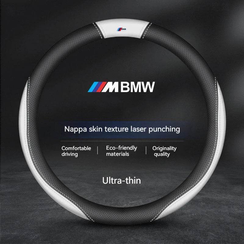 BMW Carbon Fiber Suede Leather Steering Wheel Cover - O-M Style A white