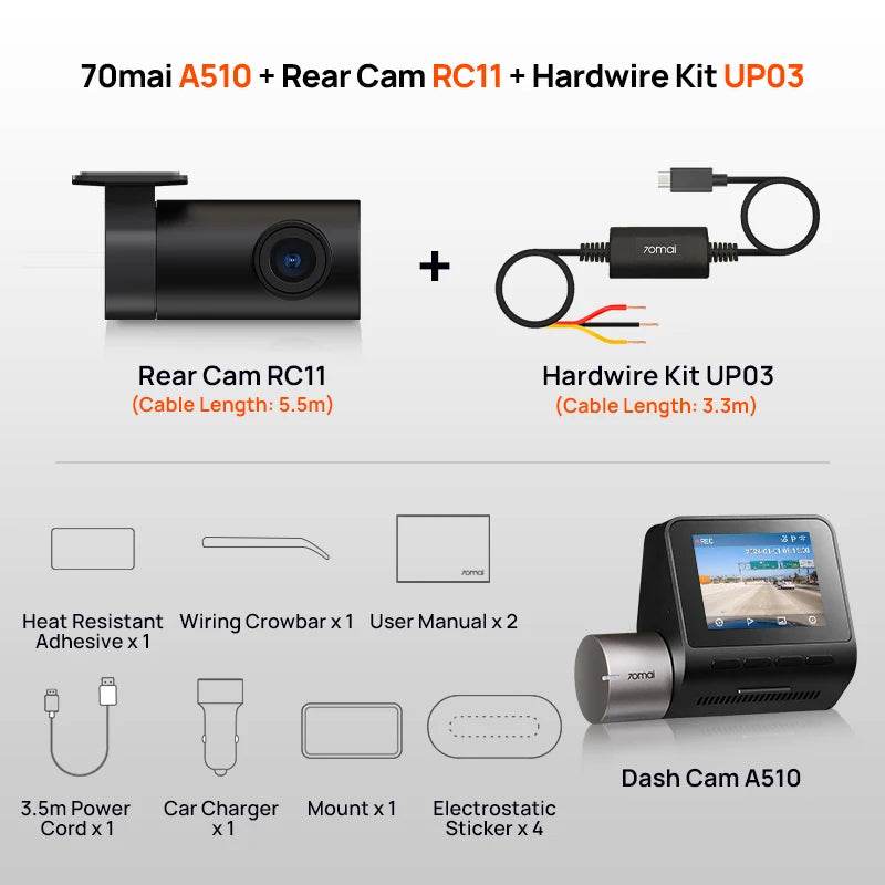 Dash Cam A510 | HDR, GPS, ADAS, 4G Connectivity, 24H Parking Support, Rear Camera - A510-1 Front Rear (Hard wire Kit)