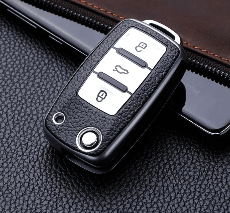 Volkswagen Leather Car Key Case – Full Cover - Black Silver