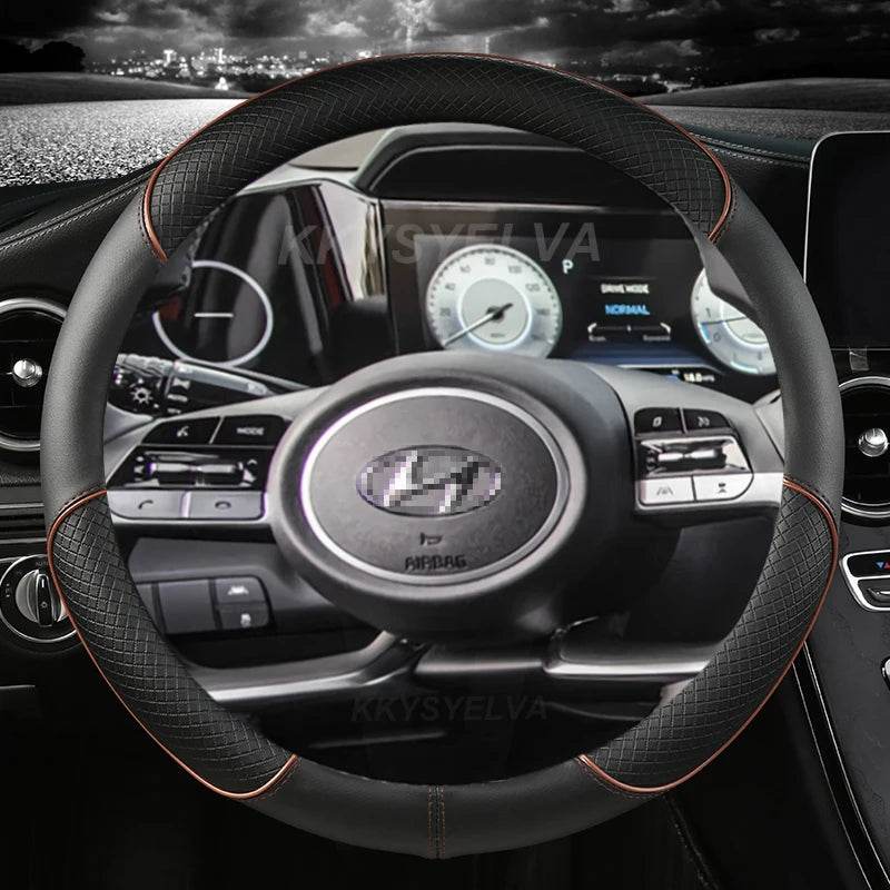 Hyundai Leather Steering Wheel Cover - COFFEE Round