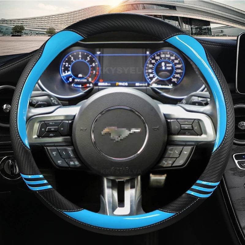 Ford Mustang Carbon Fiber Leather Steering Wheel Cover - BLUE