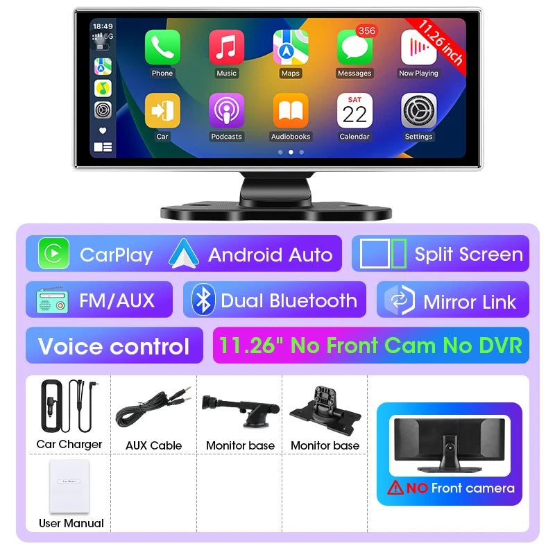 10"/11.26" 4K Dash Cam Car DVR with Wireless CarPlay & Android Auto – GPS Navigation, Dual Lens, WiFi, FM, AUX