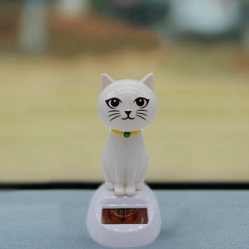 Solar Cat Car Ornament – Shaking Head Dashboard Decoration - White Open Eyes