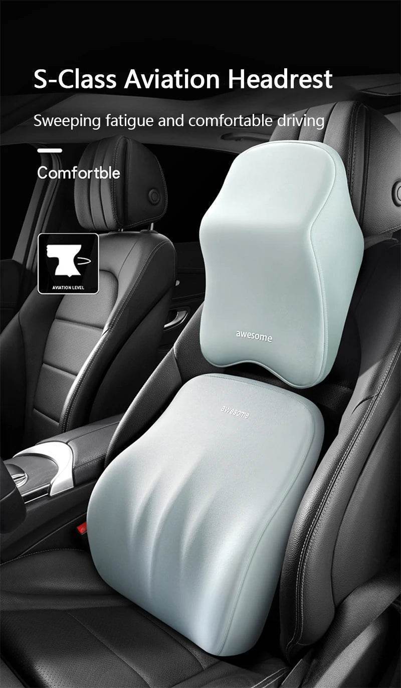 Ergonomic Car Lumbar & Neck Support Pillow Set – Memory Foam Cushion for Back & Headrest - Black Set