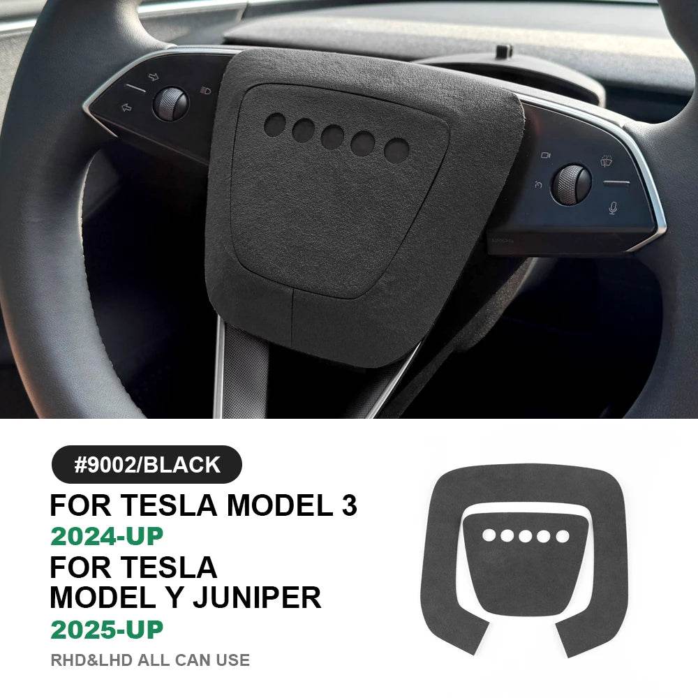 Tesla Model Y Steering Wheel Trim | Italian Suede Panel Stickers (2025+) - Black Steering Wheel
