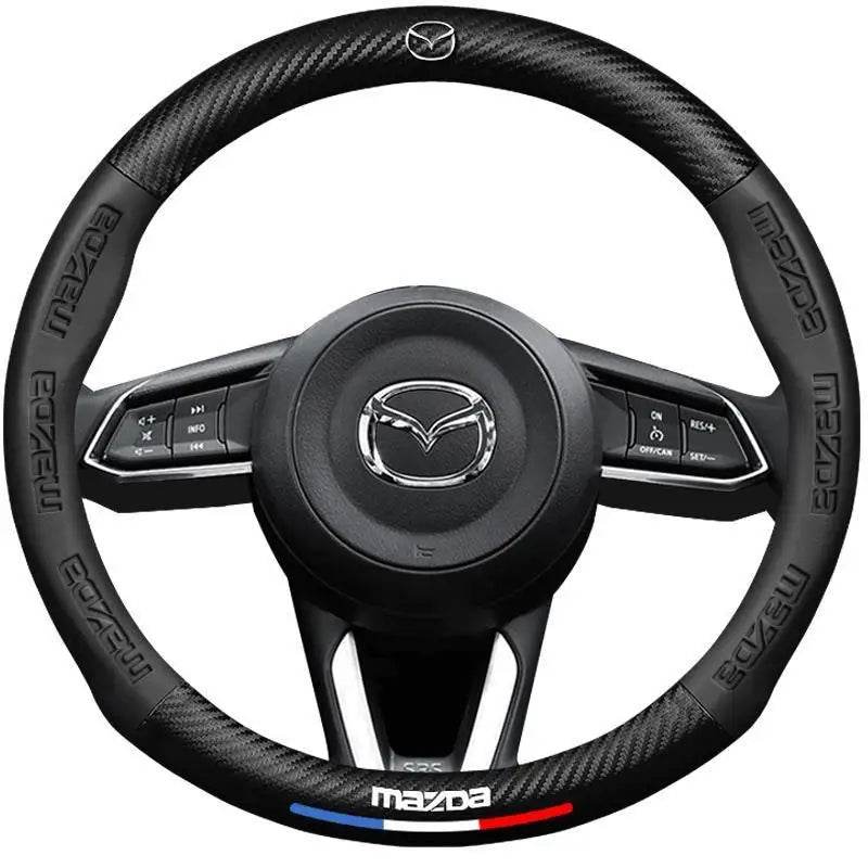 Mazda Carbon Fiber Leather Steering Wheel Cover – Fits 3, 5, 6, CX-5, CX-30, MX-5, RX-8, BT-50 - Carbon fiber