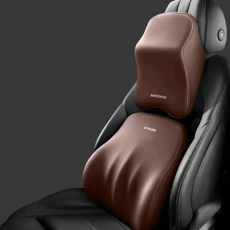 Ergonomic Car Lumbar & Neck Support Pillow Set – Memory Foam Cushion for Back & Headrest - Brown Set