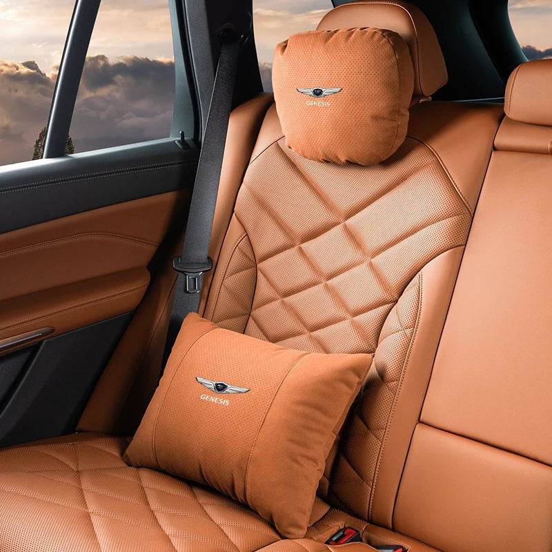 Suede Car Neck Pillow & Lumbar Support for Genesis G80, GV70, GV80, G90 & More - headrest 1pc white