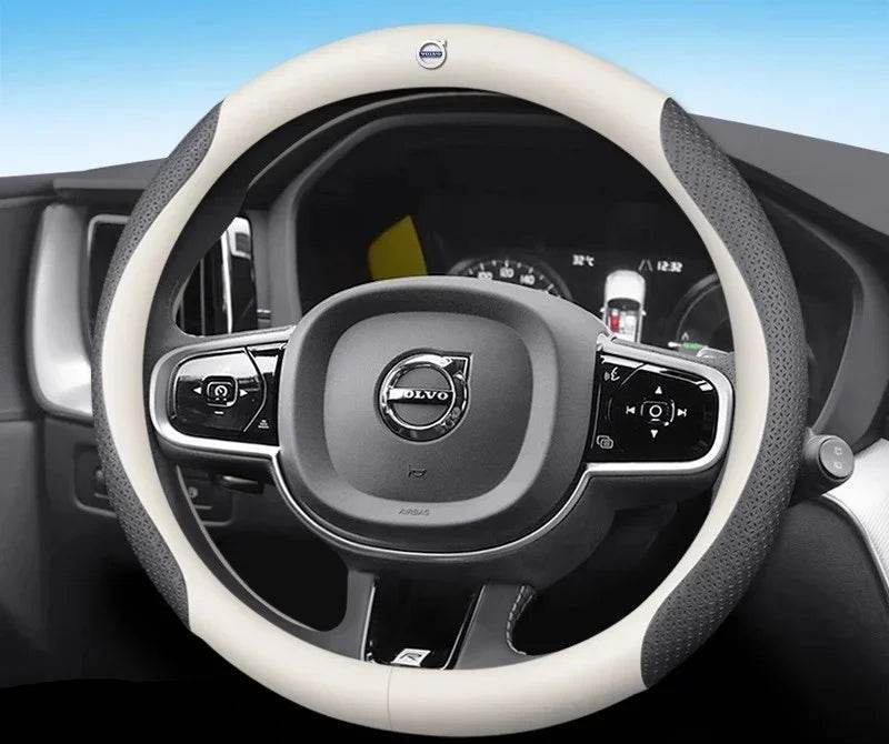 Volvo Carbon Fiber Leather Steering Wheel Cover - Embossed Black