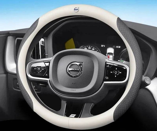 Volvo Carbon Fiber Leather Steering Wheel Cover - Embossed Black