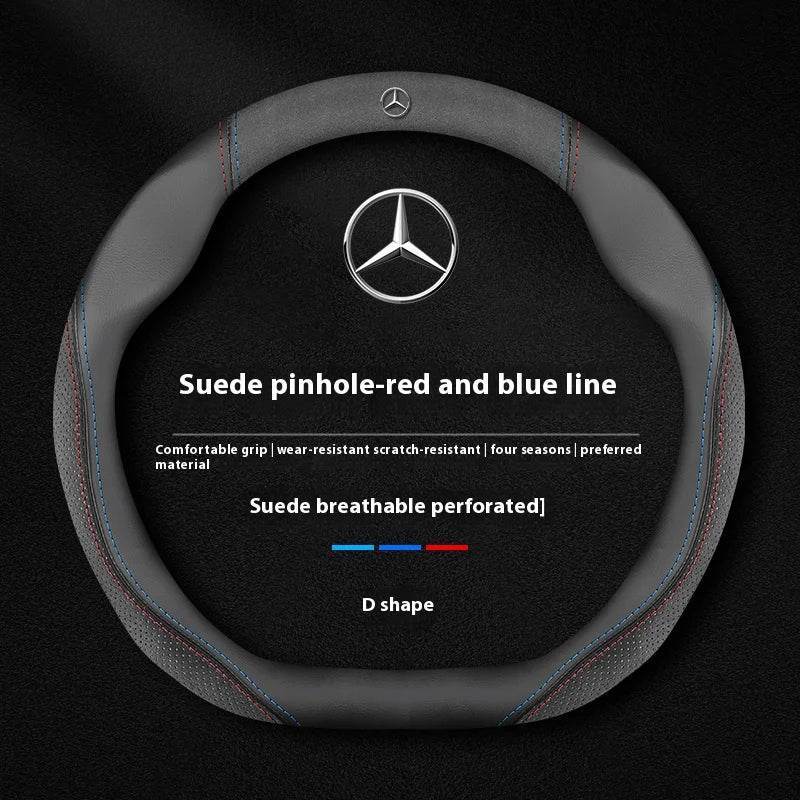 Mercedes Suede Leather Steering Wheel Cover - D Suede Blue Red