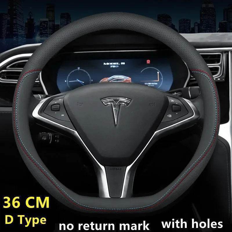 Tesla Premium Leather Steering Wheel Cover - 36 O BLACK