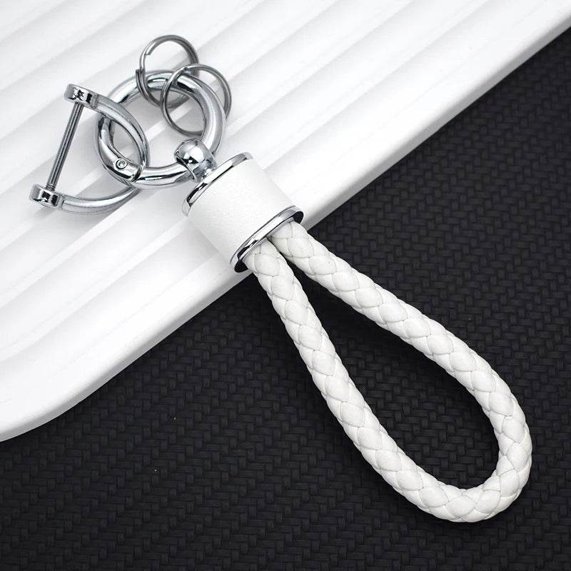 Braided Leather Keychain Loop with Metal Ring - Silver- White