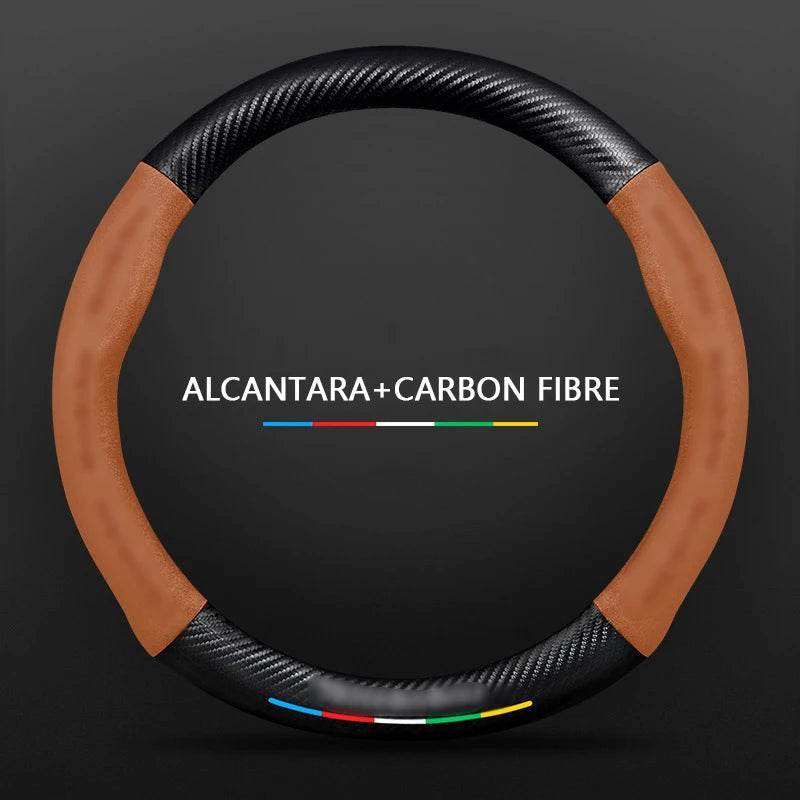 Mercedes Benz Carbon Fiber Leather Car Steering Wheel Cover - Light Brown