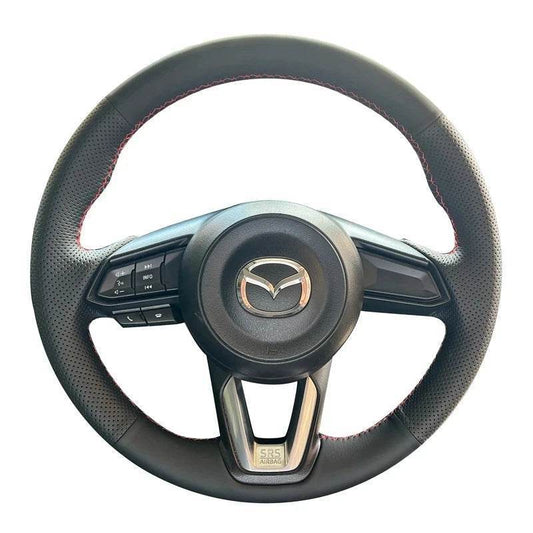Mazda DIY Black Faux Leather Steering Wheel Cover - Red Thread