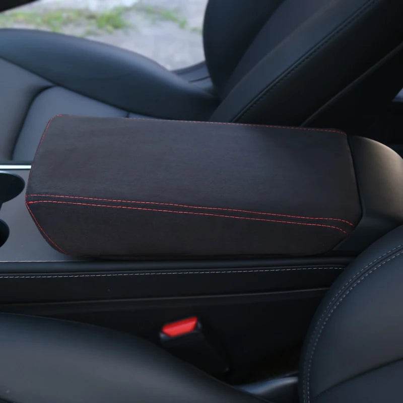 Tesla Model 3 & Model Y Armrest Cover - Suede red thread