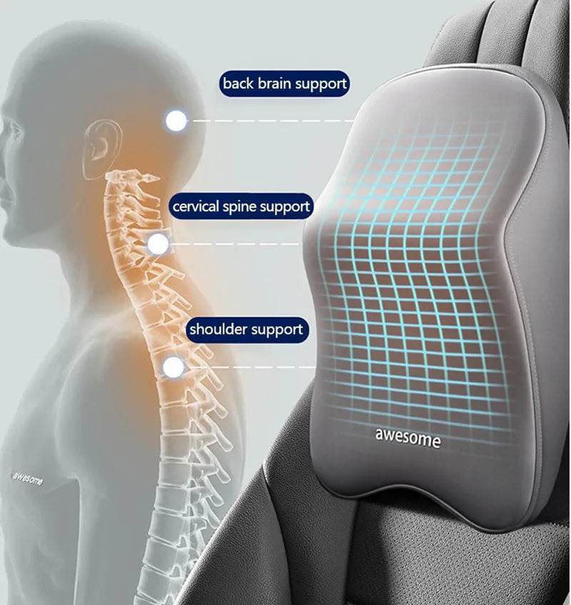 Ergonomic Car Lumbar & Neck Support Pillow Set – Memory Foam Cushion for Back & Headrest - Black Set