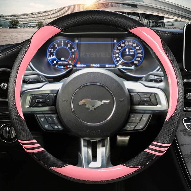 Ford Mustang Carbon Fiber Leather Steering Wheel Cover - RED