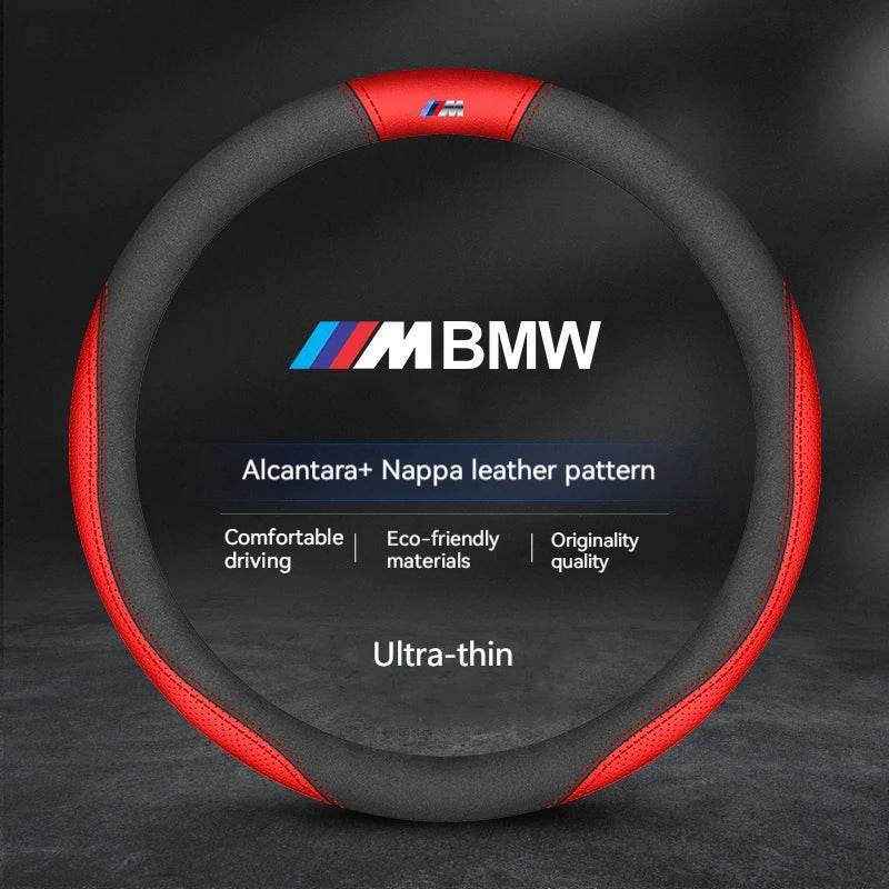 BMW Carbon Fiber Suede Leather Steering Wheel Cover - O-M Style C red