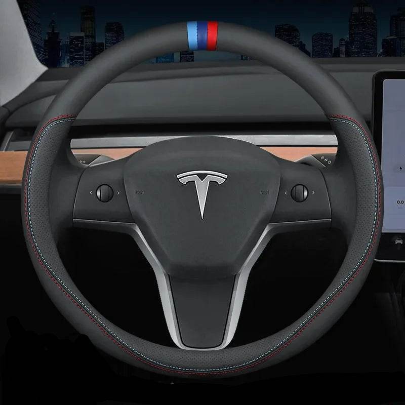 Tesla Premium Leather Steering Wheel Cover - 36 O BLACK