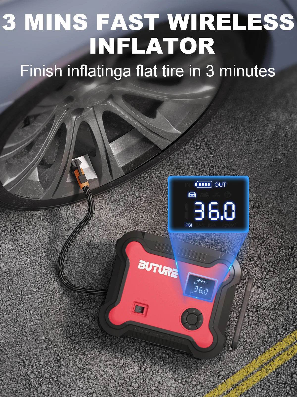 Buture 5-in-1 Car Jump Starter – 26800mAh Power Bank, Air Compressor, Digital Tire Inflator & 160W DC Output -
