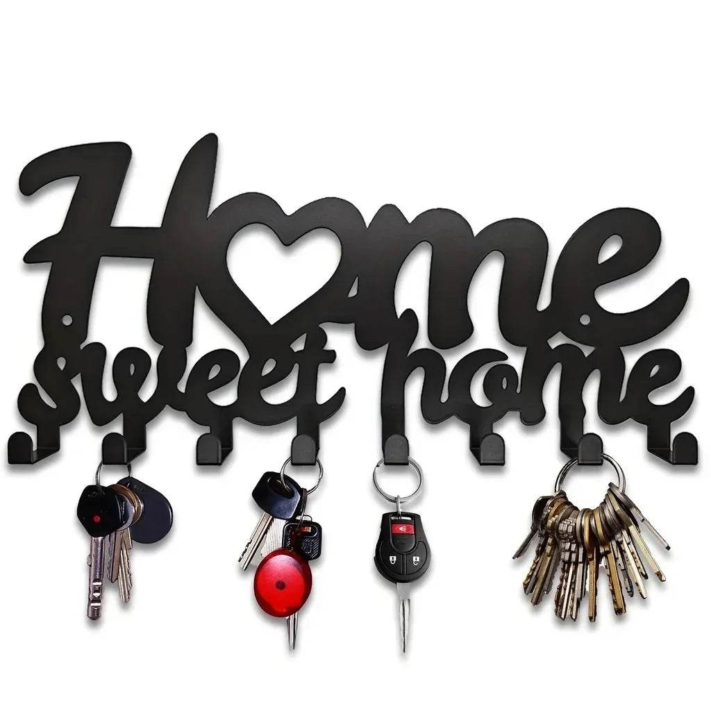 Black Metal Wall Key Holder – WELCOME Design with 8 Hooks - C