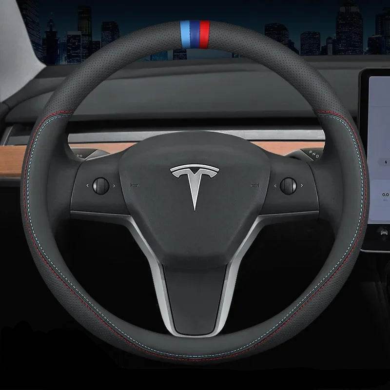 Tesla Premium Leather Steering Wheel Cover - 36 O BLACK