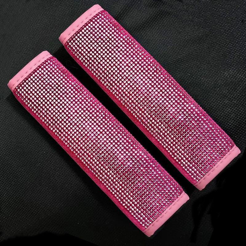 Crystal Rhinestone Seat Belt Covers 2-Pack Diamond Shoulder Pads - pink