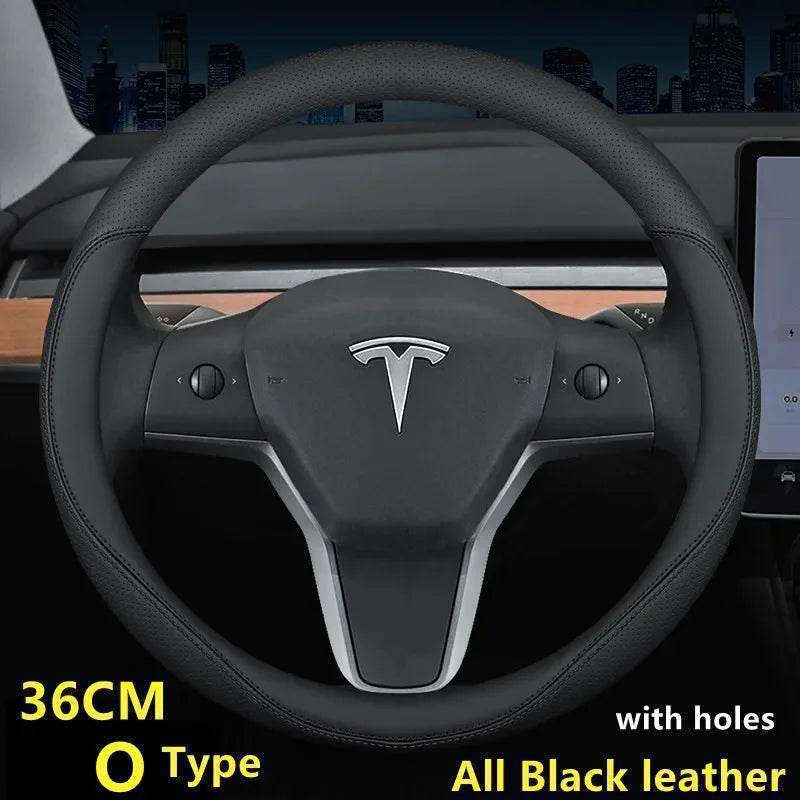 Tesla Premium Leather Steering Wheel Cover - 36 O BLACK