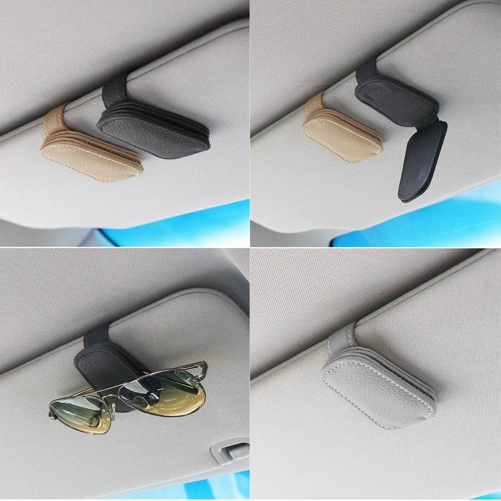 Universal Car Sunglasses Holder & Card Clip – Sun Visor Mount with Pen Case & Ticket Organizer - Beige