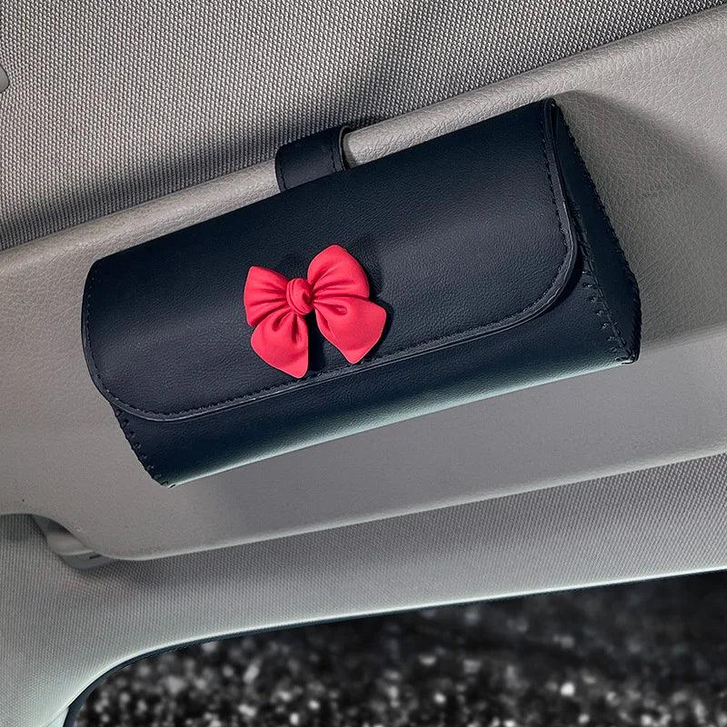 Diamond Bow Leather Car Sunglasses Holder Universal Storage Case