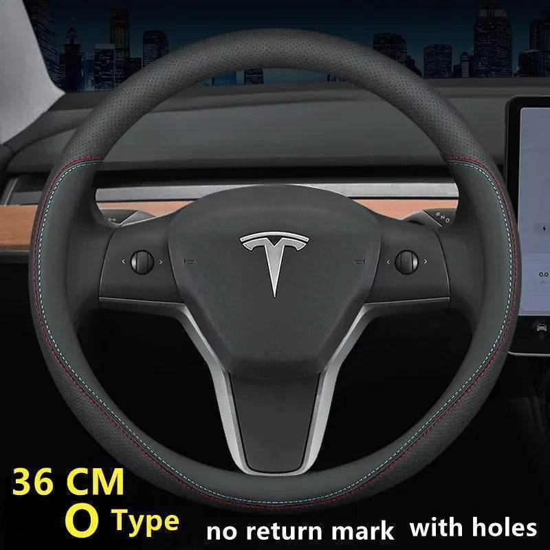 Tesla Premium Leather Steering Wheel Cover - 36 O BLACK