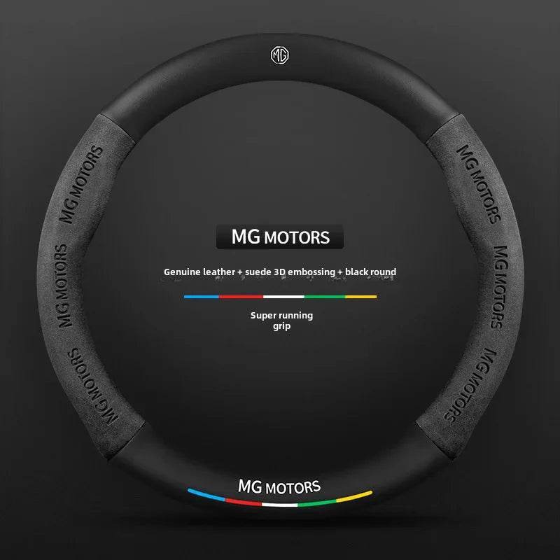 MG Carbon Fiber & Suede Steering Wheel Cover - Black Leather round