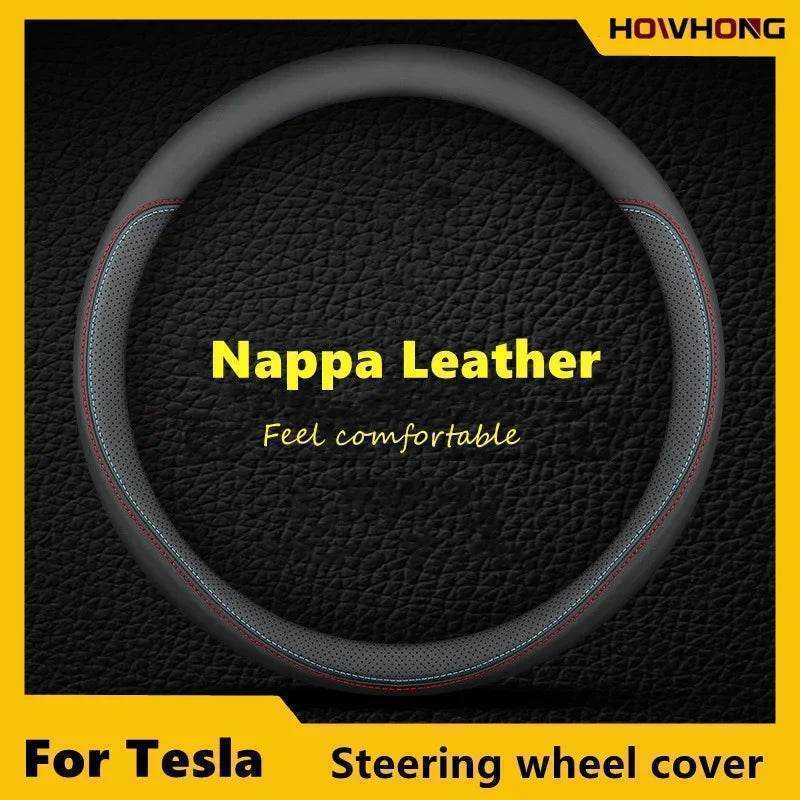 Tesla Premium Leather Steering Wheel Cover - 36 O BLACK
