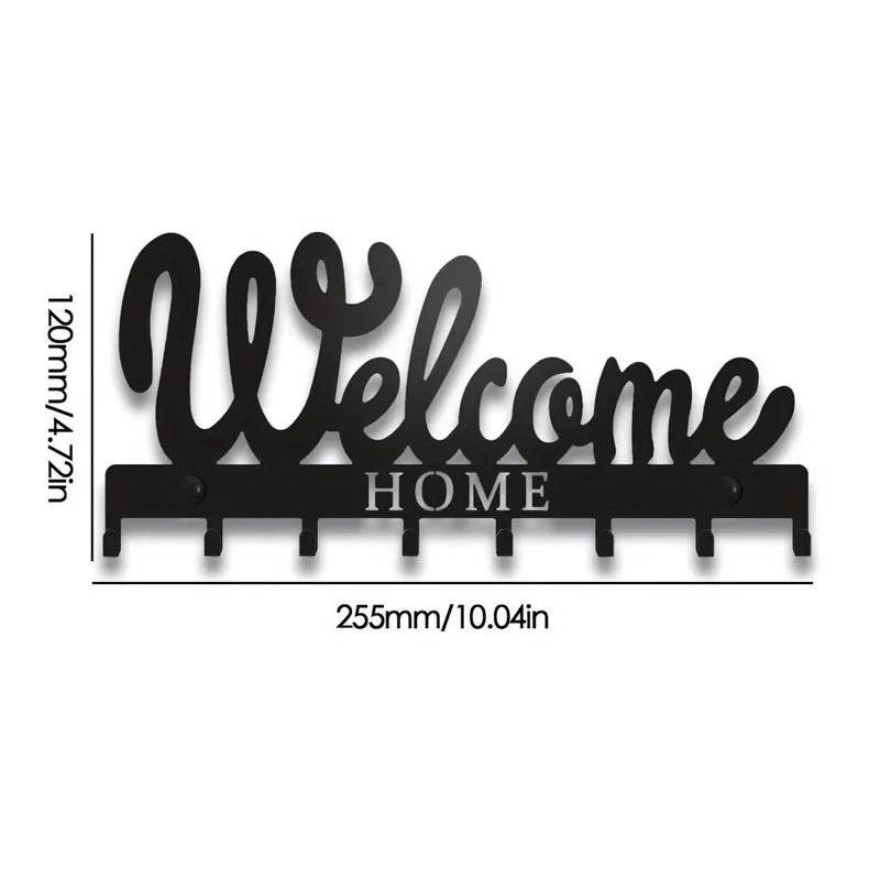 Black Metal Wall Key Holder – WELCOME Design with 8 Hooks - E