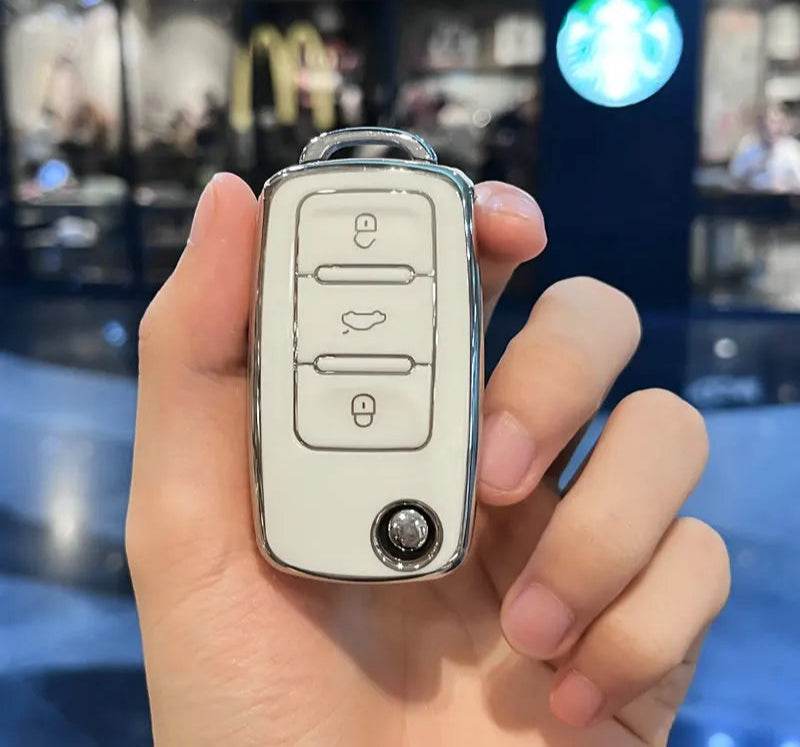 Volkswagen Leather Car Key Case – Full Cover - Silver White