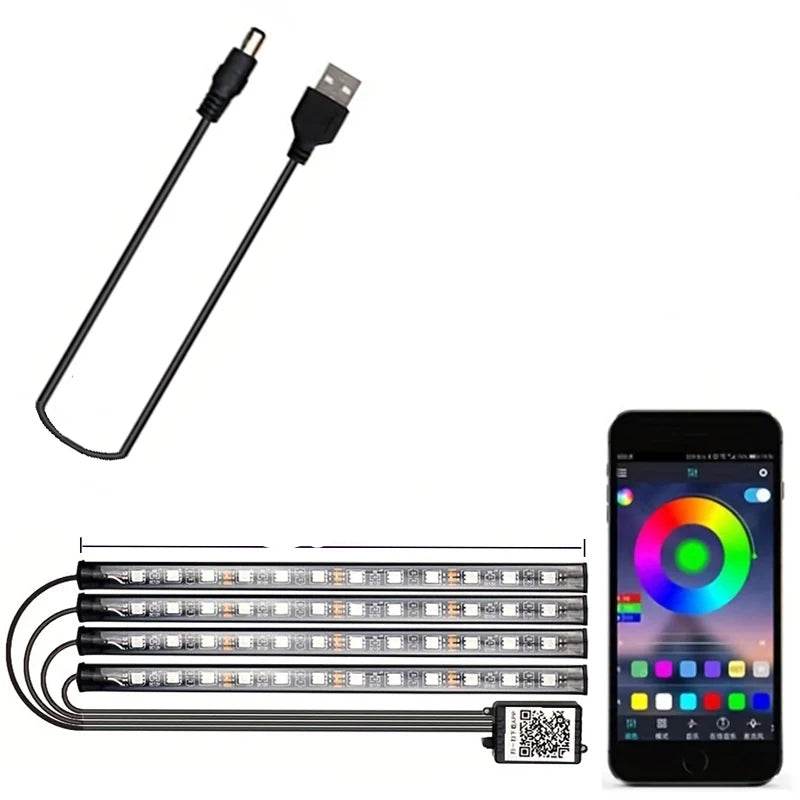 LED Car Interior Music Light Strip – 48 RGB LEDs, USB, Bluetooth APP Control - USB Power