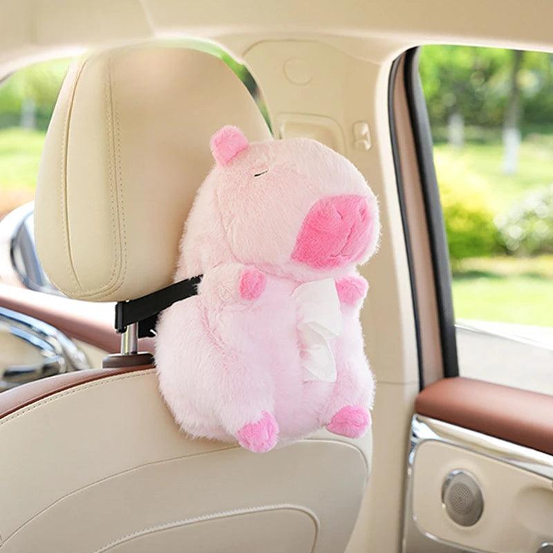 Capybara Plush Hanging Car Tissue Box Holder Backseat Organizer - pink