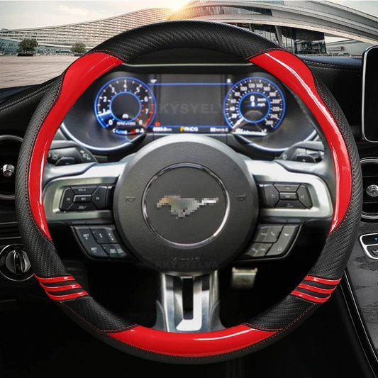 Ford Mustang Carbon Fiber Leather Steering Wheel Cover - RED