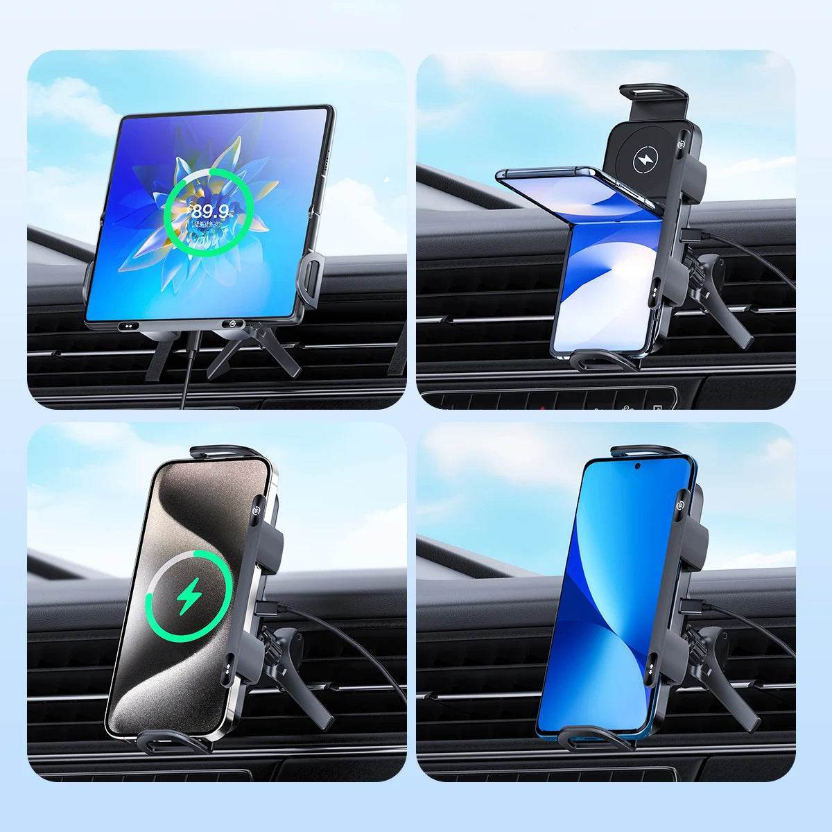 Foldable Phone Wireless Charging Holder – Auto-Clamp, 360° Rotation -
