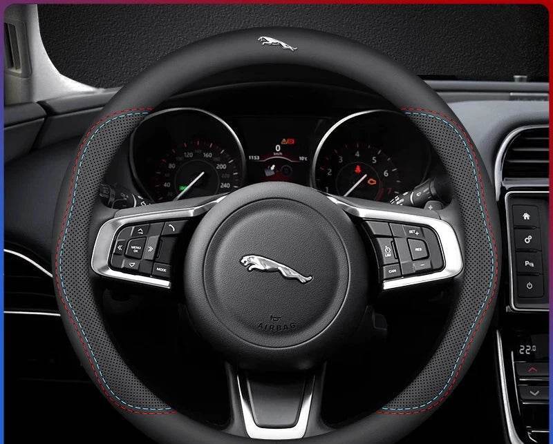 Jaguar Leather Steering Wheel Cover – Anti-Slip Interior Accessory Fits XF, XJ, XE, F-Pace, E-Pace, XFL, XJL, XKR, XJ6 & More - Round-Bicolor Line