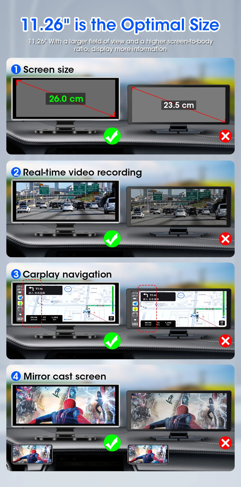 10"/11.26" 4K Dash Cam Car DVR with Wireless CarPlay & Android Auto – GPS Navigation, Dual Lens, WiFi, FM, AUX